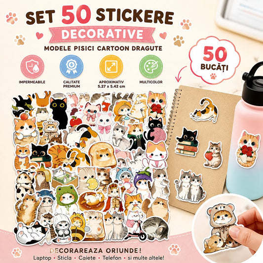 Stickere Decorative Pisici Kawaii, Modele Anime Die-Cut, Hartie Autocolanta, 50 Piese, Multicolor