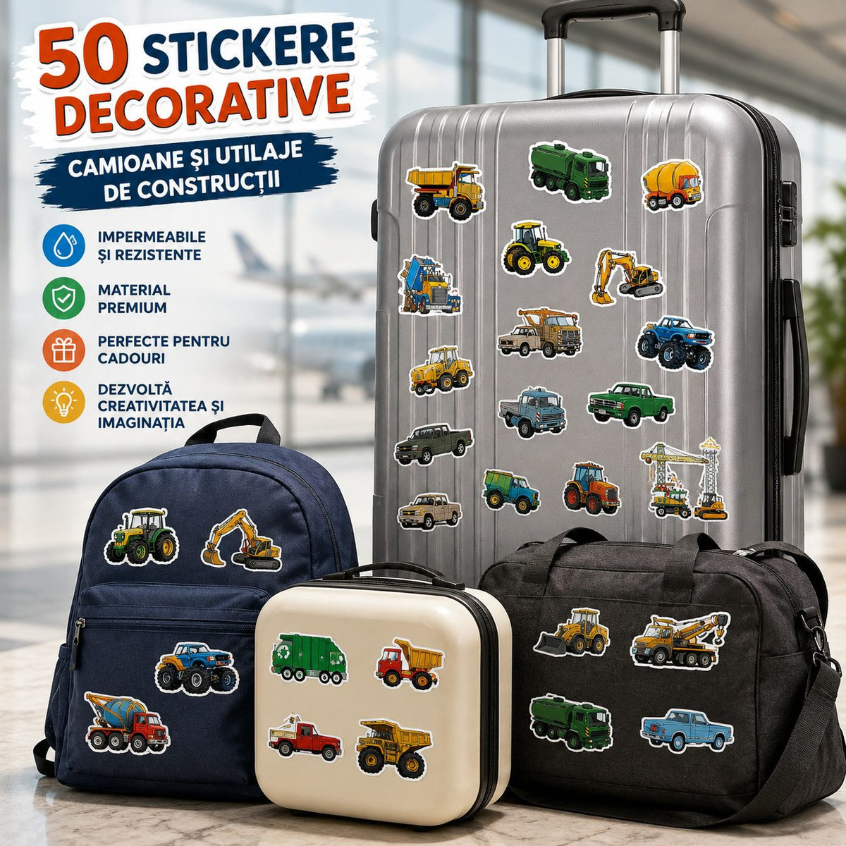 Stickere Decorative Camioane Si Utilaje De Constructii, Impermeabile, Hartie Autoadeziva, 50 Bucati, Multicolor, 5.27 x 5.42 cm
