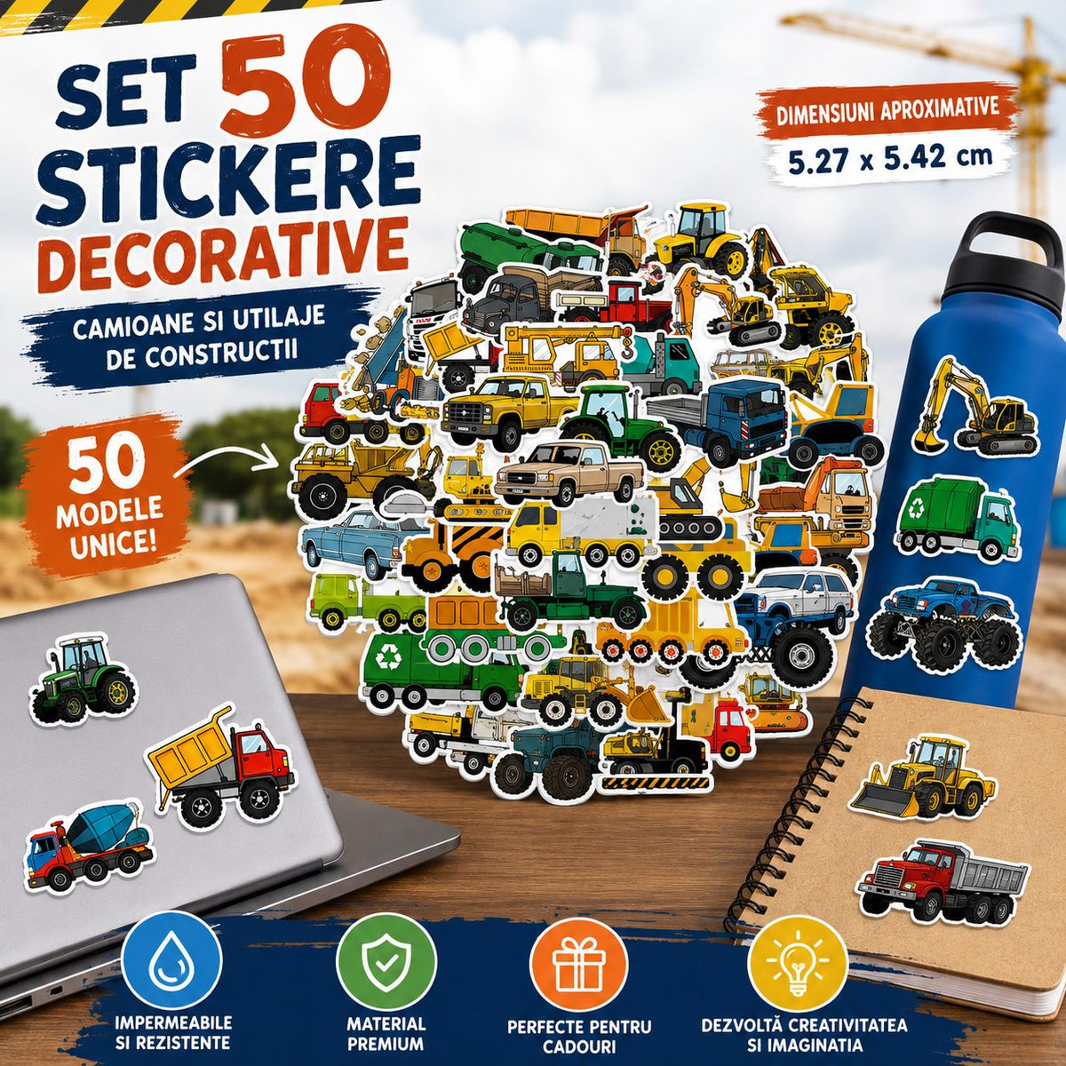 Stickere Decorative Camioane Si Utilaje De Constructii, Impermeabile, Hartie Autoadeziva, 50 Bucati, Multicolor, 5.27 x 5.42 cm