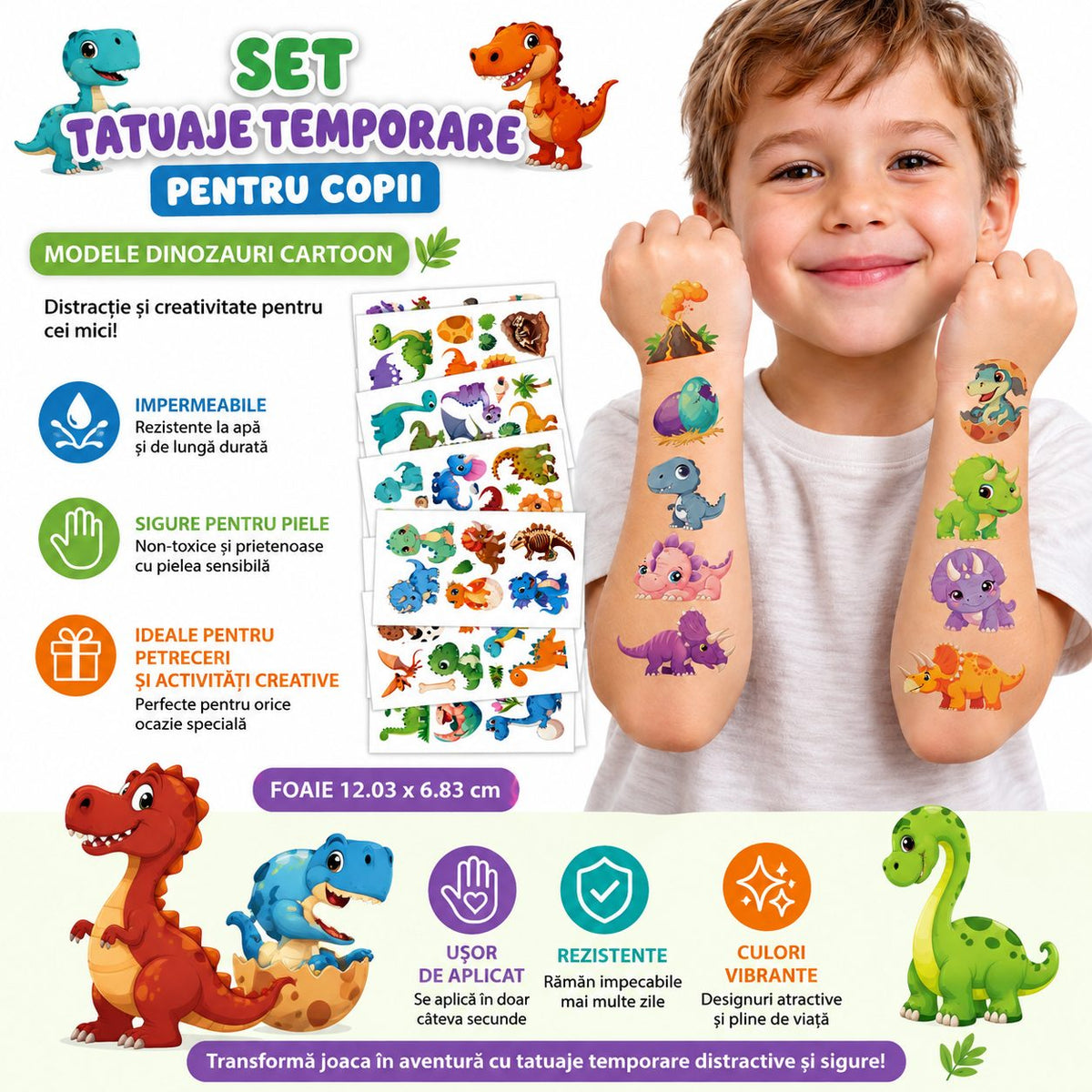 Tatuaje Temporare pentru Copii, Modele Dinozauri Cartoon Impermeabile, Hartie Non-Toxica, Foaie 12.03 x 6.83 cm, Multicolor