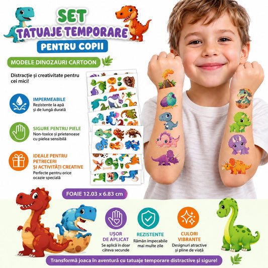 Tatuaje Temporare pentru Copii, Modele Dinozauri Cartoon Impermeabile, Hartie Non-Toxica, Foaie 12.03 x 6.83 cm, Multicolor