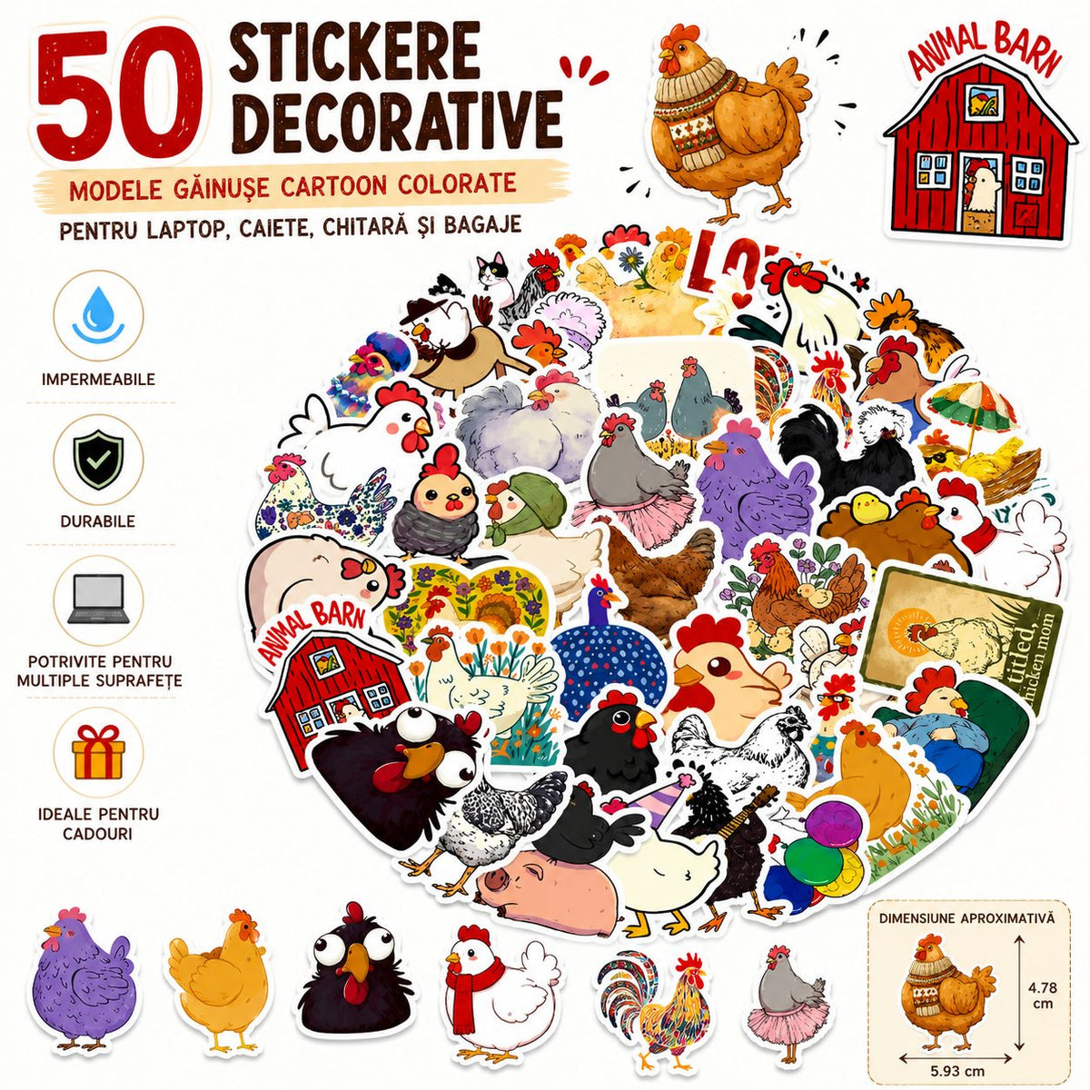Stickere Decorative, Modele Gainuse Cartoon Kawaii, Impermeabile, Vinil Autoadeziv, 50 Piese, Multicolor, 5.93 x 4.78 cm