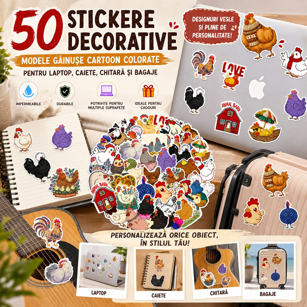 Stickere Decorative, Modele Gainuse Cartoon Kawaii, Impermeabile, Vinil Autoadeziv, 50 Piese, Multicolor, 5.93 x 4.78 cm