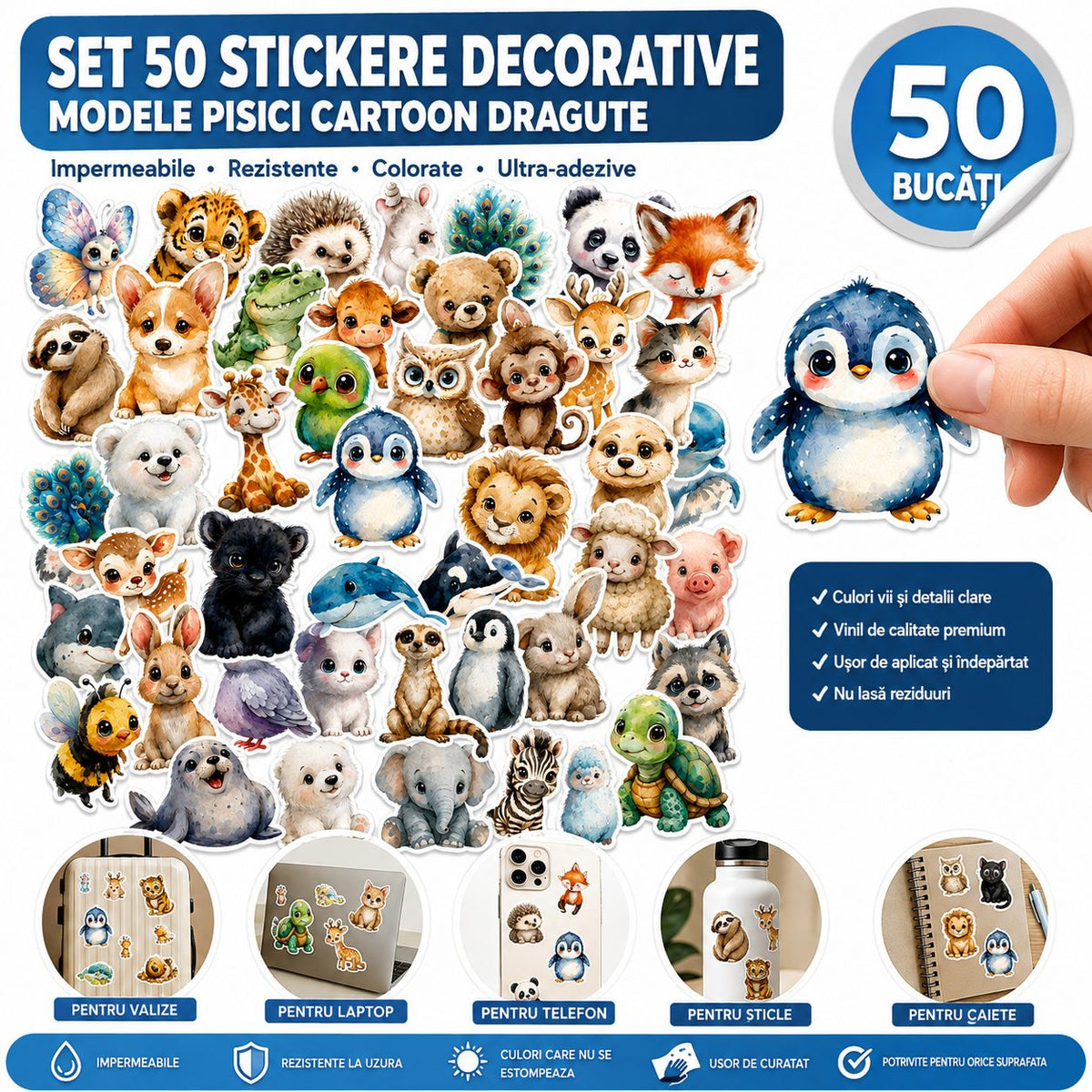 Stickere Decorative Animale, Stil Acuarela Kawaii, Hartie Autoadeziva, Set 50 Bucati, Multicolor, 5.27 x 5.43 cm