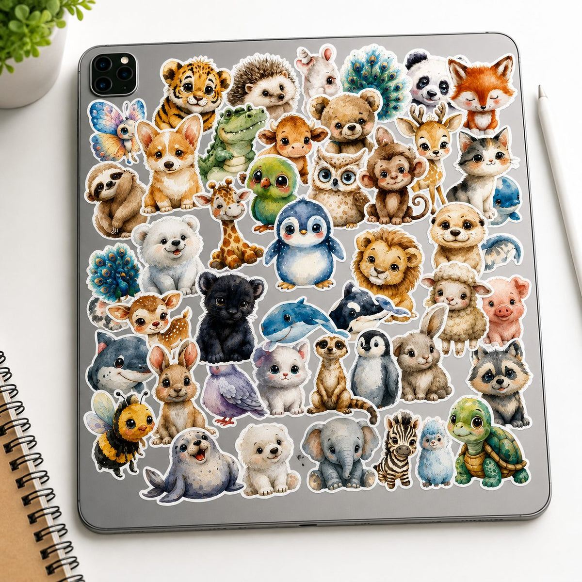 Stickere Decorative Animale, Stil Acuarela Kawaii, Hartie Autoadeziva, Set 50 Bucati, Multicolor, 5.27 x 5.43 cm