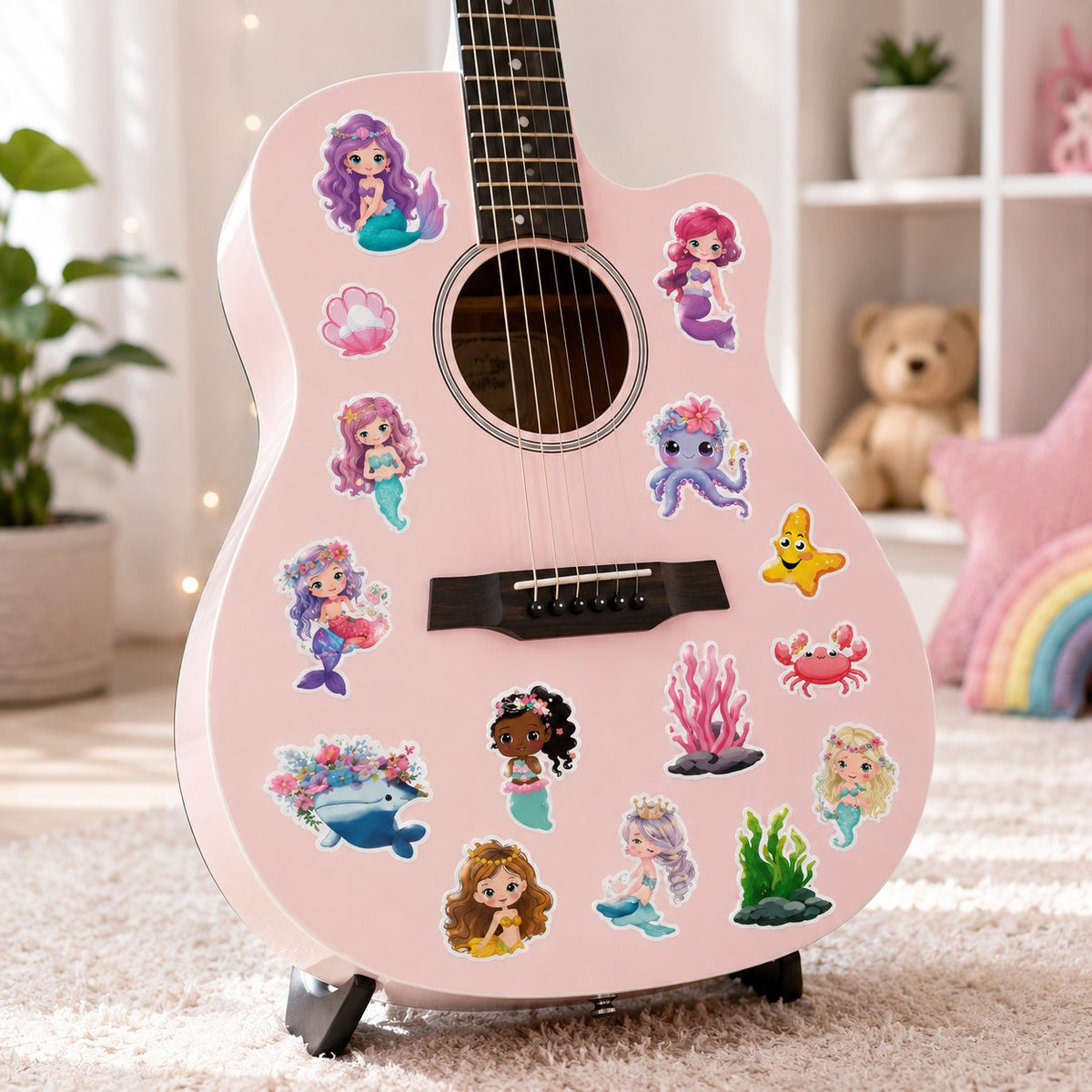 Set Stickere Sirene și Creaturi Marine, Design Cartoon Kawaii, Hârtie Autoadezivă, 50 Bucăți, Multicolor, 4.6 x 4.7 cm