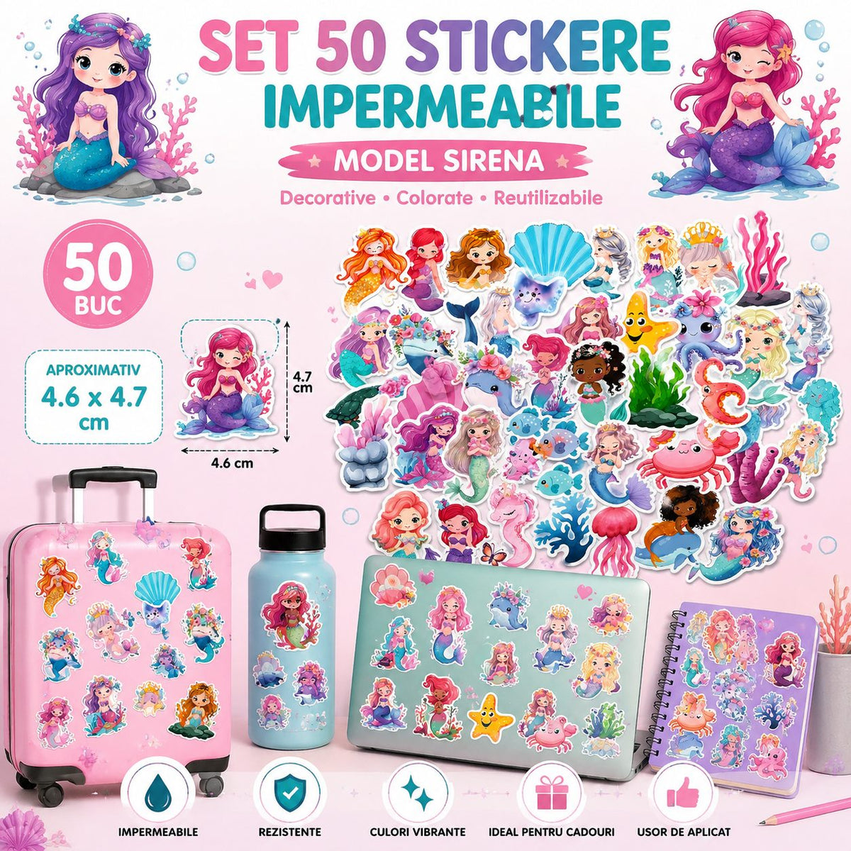 Set Stickere Sirene și Creaturi Marine, Design Cartoon Kawaii, Hârtie Autoadezivă, 50 Bucăți, Multicolor, 4.6 x 4.7 cm