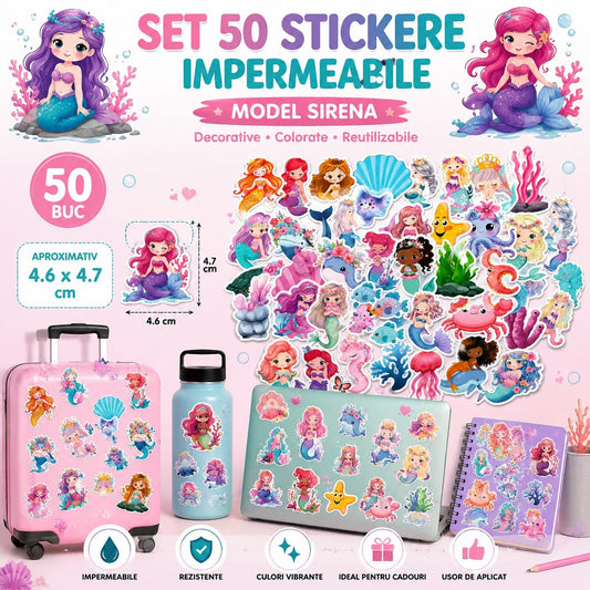 Set Stickere Sirene și Creaturi Marine, Design Cartoon Kawaii, Hârtie Autoadezivă, 50 Bucăți, Multicolor, 4.6 x 4.7 cm