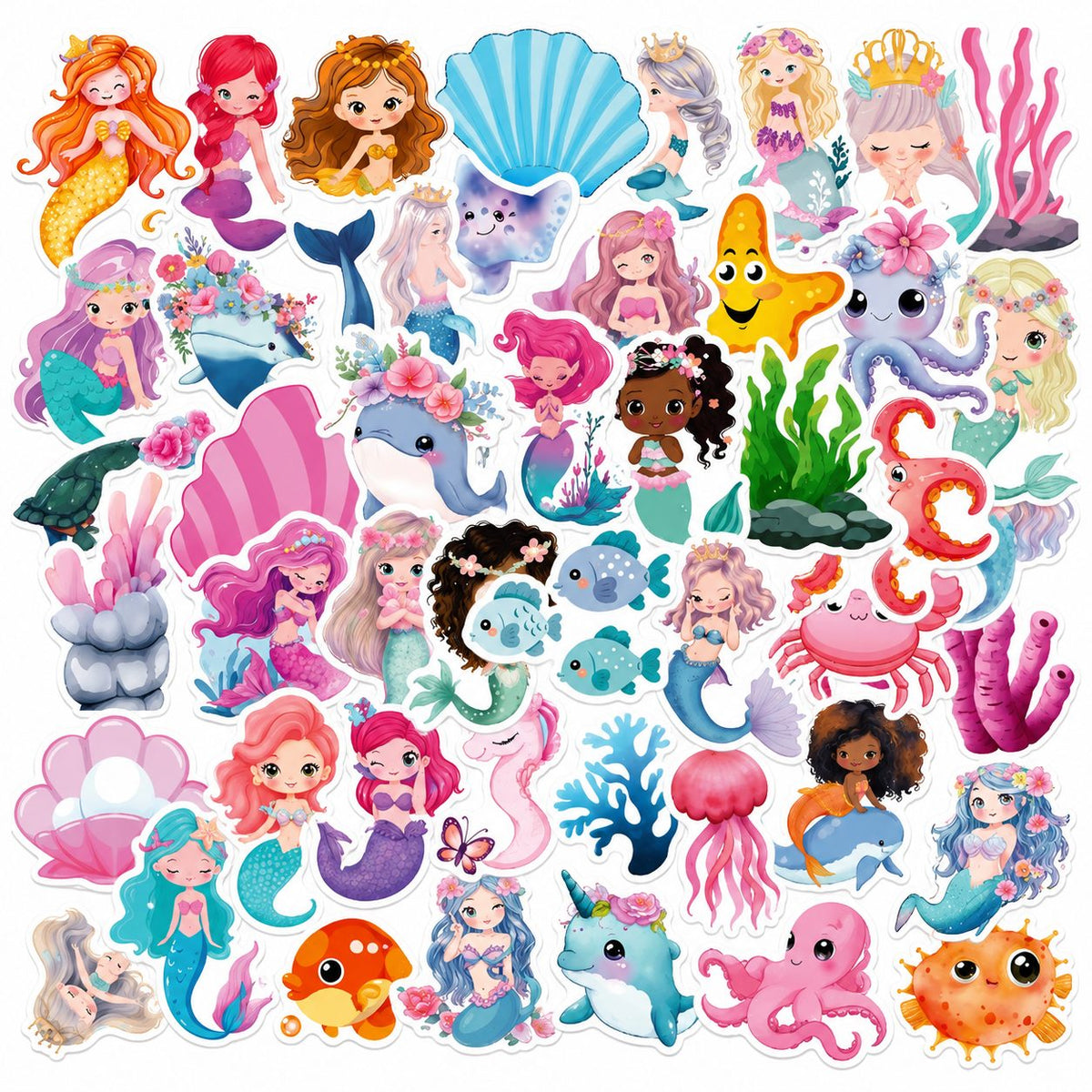 Set Stickere Sirene și Creaturi Marine, Design Cartoon Kawaii, Hârtie Autoadezivă, 50 Bucăți, Multicolor, 4.6 x 4.7 cm