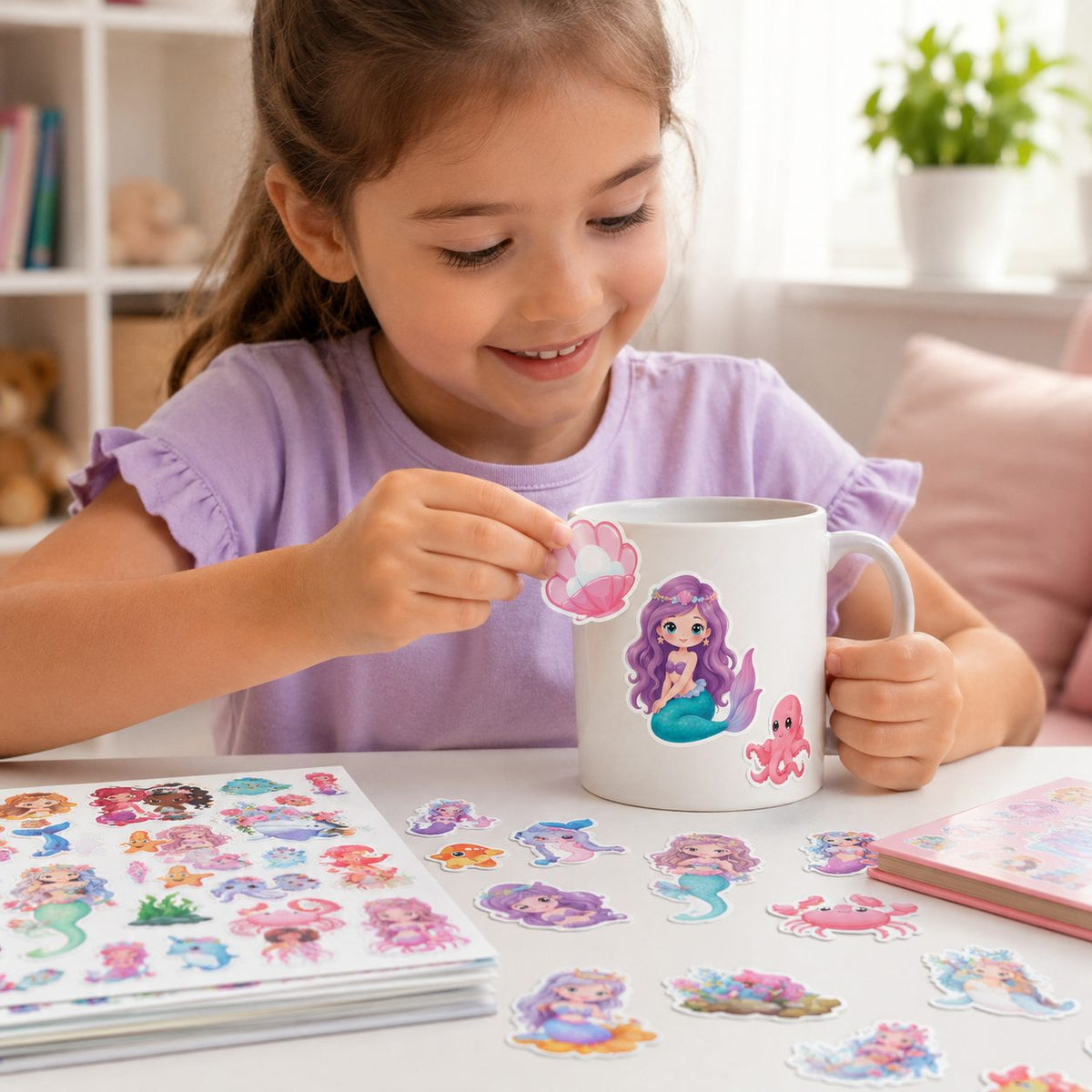 Set Stickere Sirene și Creaturi Marine, Design Cartoon Kawaii, Hârtie Autoadezivă, 50 Bucăți, Multicolor, 4.6 x 4.7 cm