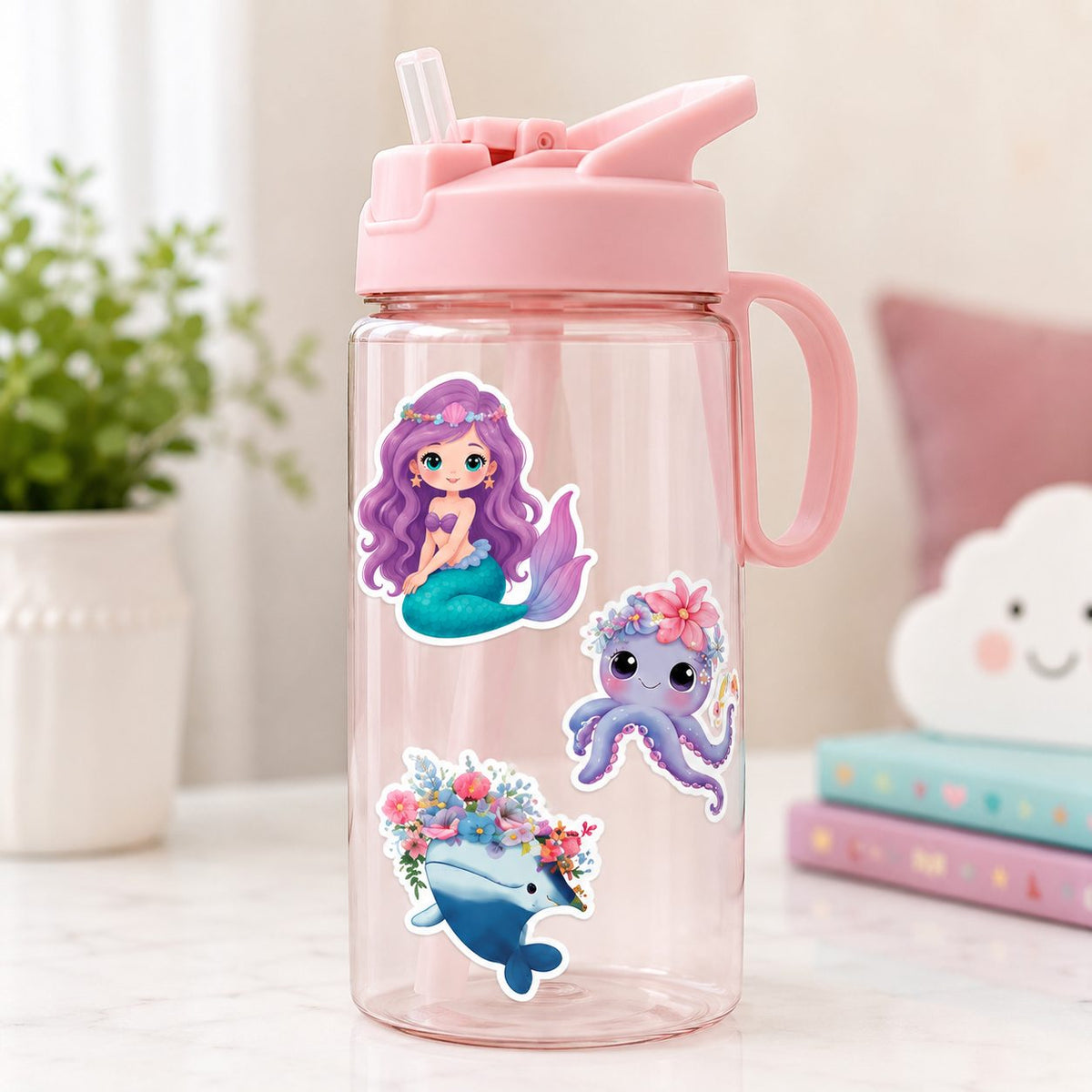 Set Stickere Sirene și Creaturi Marine, Design Cartoon Kawaii, Hârtie Autoadezivă, 50 Bucăți, Multicolor, 4.6 x 4.7 cm
