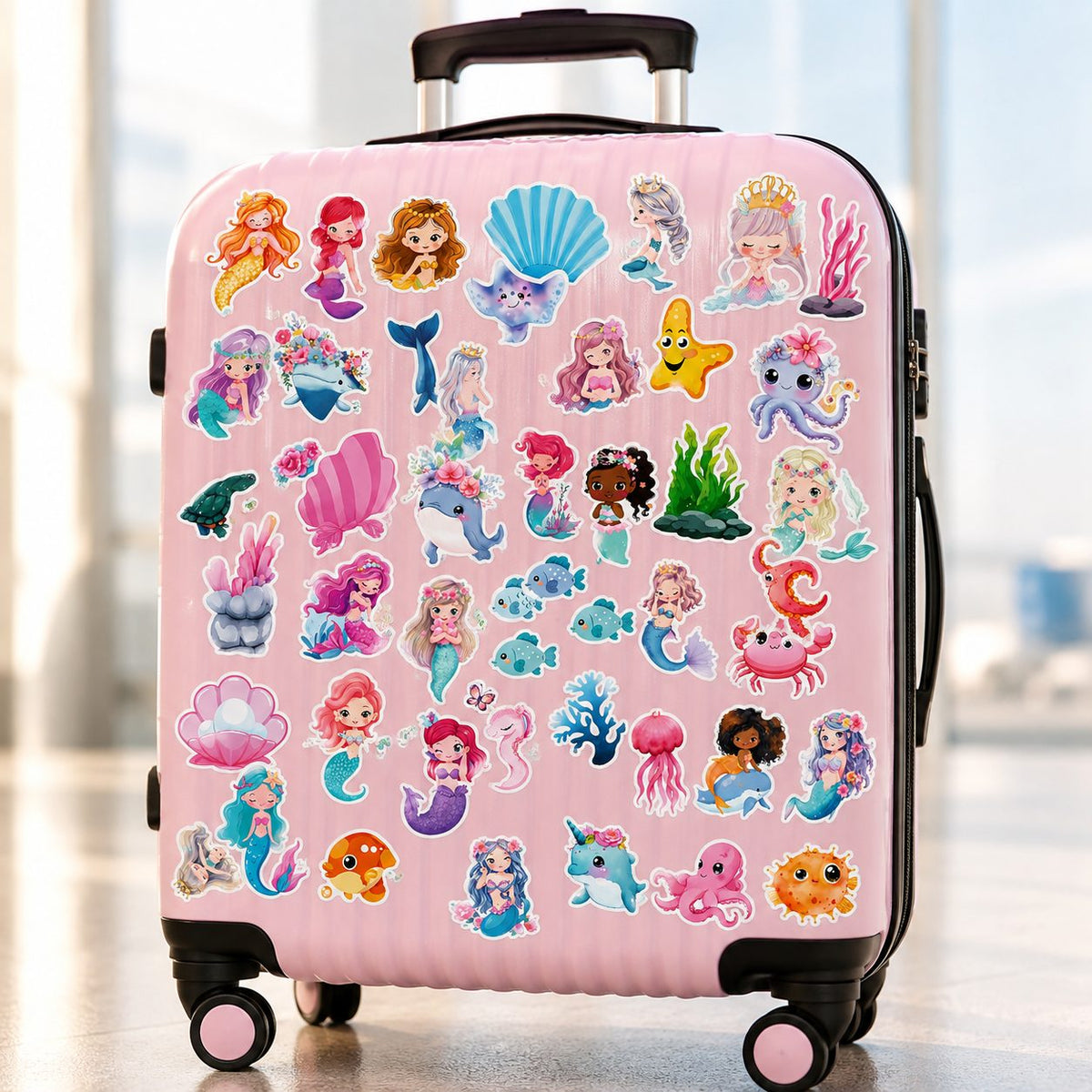 Set Stickere Sirene și Creaturi Marine, Design Cartoon Kawaii, Hârtie Autoadezivă, 50 Bucăți, Multicolor, 4.6 x 4.7 cm