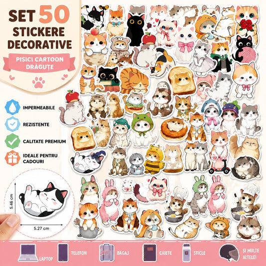 Stickere Decorative Pisici Kawaii, Impermeabile, Hartie Autoadeziva, Multicolor, Set 50 Bucati, 5.27 x 5.46 cm