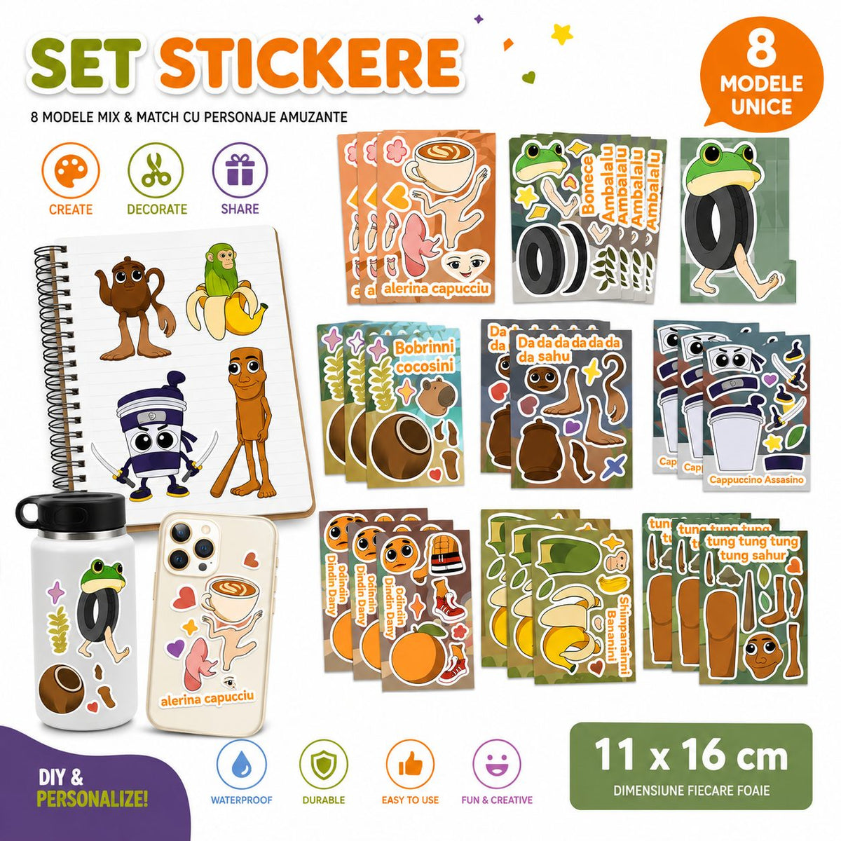 Set Stickere Decorative, Personaje Virale Meme Brainrot, Hartie Autoadeziva, 8 Modele, 11 x 16 cm, Multicolor