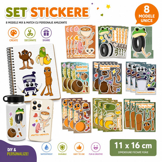 Set Stickere Decorative, Personaje Virale Meme Brainrot, Hartie Autoadeziva, 8 Modele, 11 x 16 cm, Multicolor