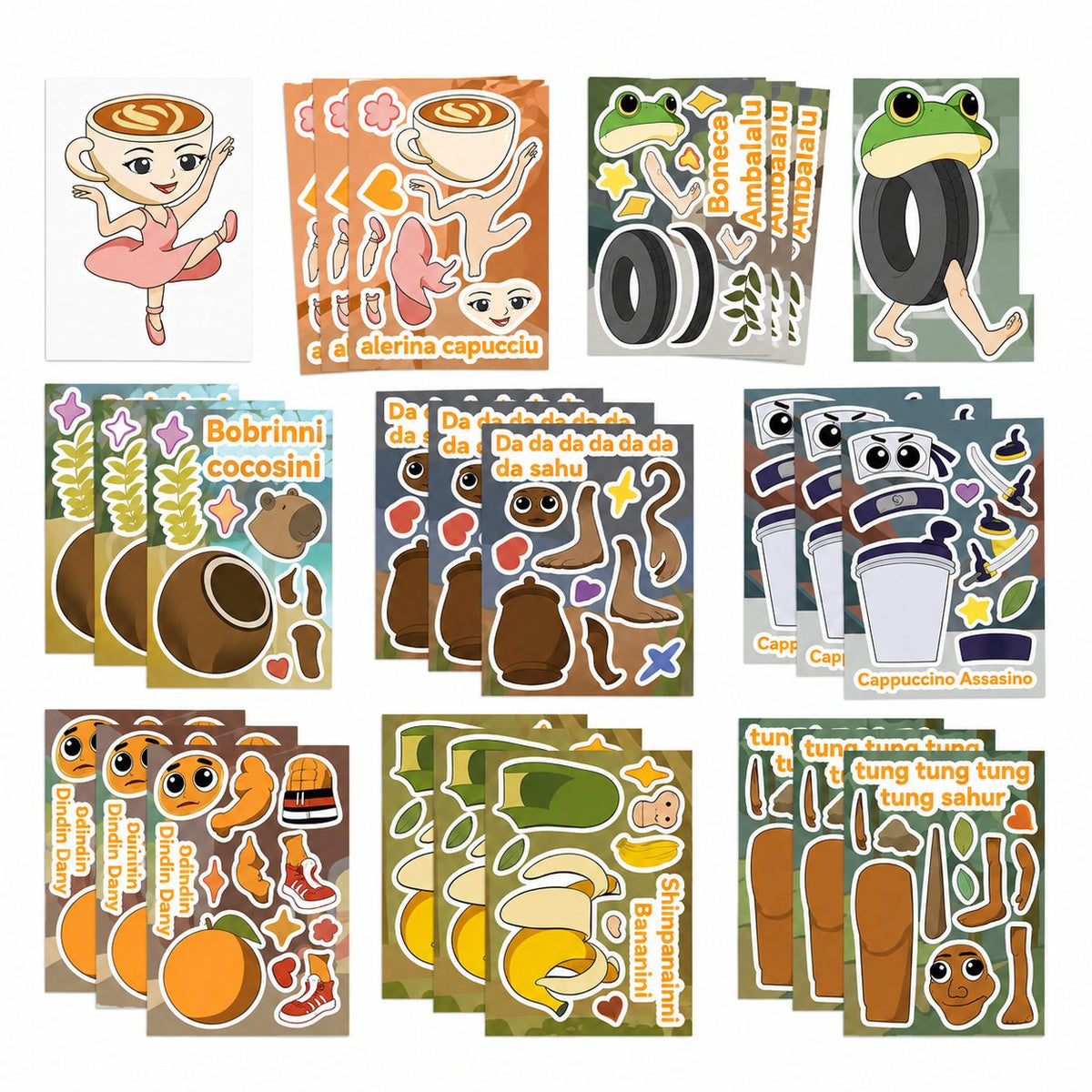 Set Stickere Decorative, Personaje Virale Meme Brainrot, Hartie Autoadeziva, 8 Modele, 11 x 16 cm, Multicolor
