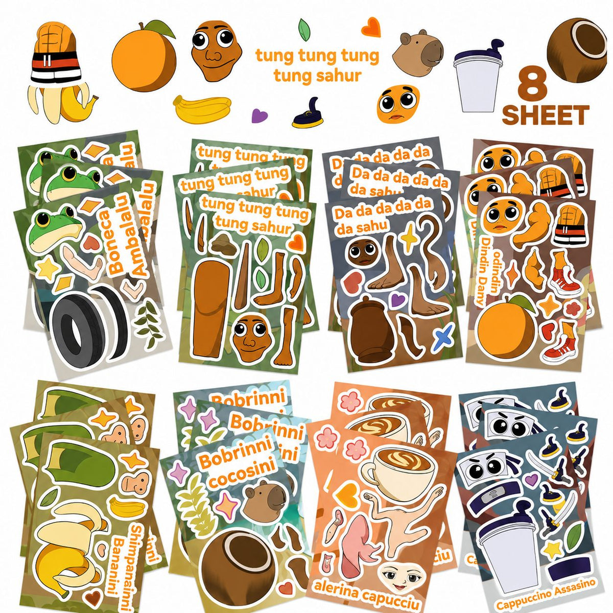 Set Stickere Decorative, Personaje Virale Meme Brainrot, Hartie Autoadeziva, 8 Modele, 11 x 16 cm, Multicolor