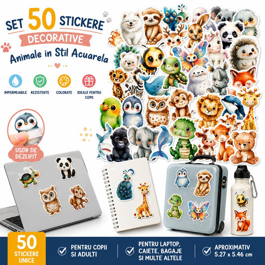 Stickere Decorative Animale, Stil Acuarela Kawaii, Hartie Autoadeziva, Multicolor, Set 50 Bucati, 5.27 x 5.46 cm