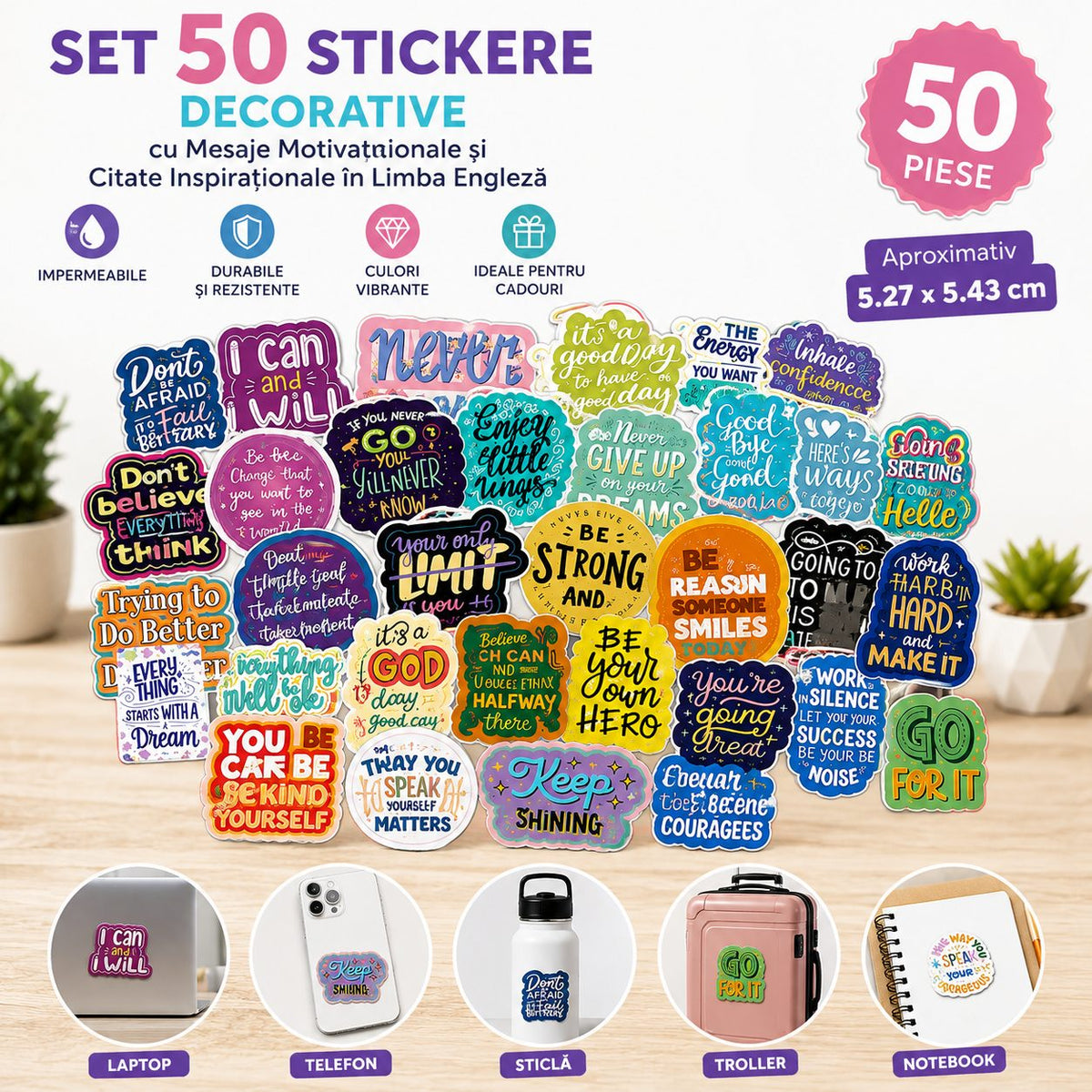Set Stickere Motivationale, Citate Inspirationale Engleza, Impermeabile, Vinil Autoadeziv, 50 Bucati, Multicolor, 5.27 x 5.43 cm
