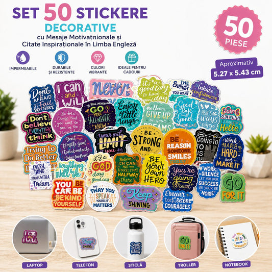 Set Stickere Motivationale, Citate Inspirationale Engleza, Impermeabile, Vinil Autoadeziv, 50 Bucati, Multicolor, 5.27 x 5.43 cm
