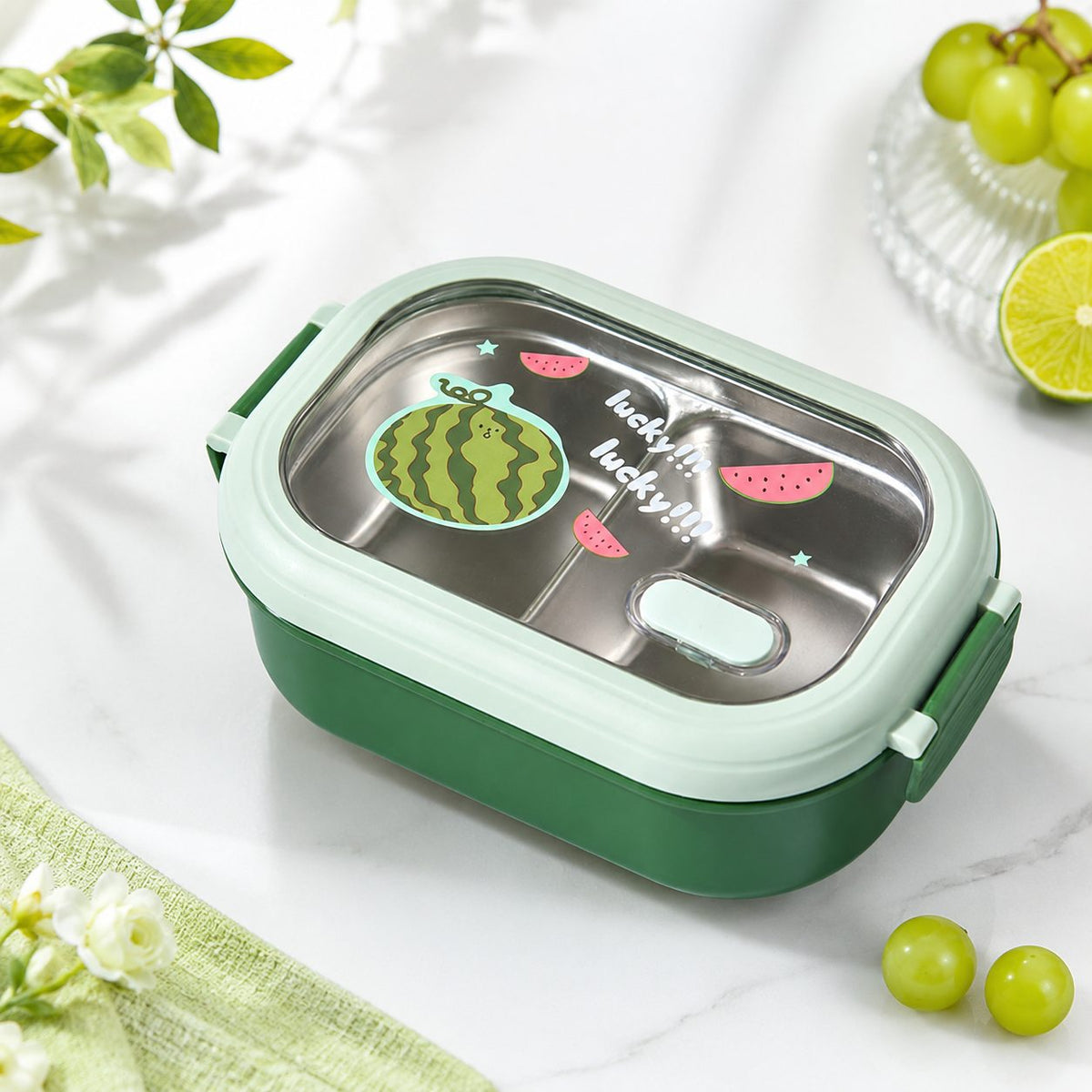 Caserola Lunch Box pentru Elevi si Studenti, Recipient Pranz cu Compartiment Interior din Inox, Exterior Plastic PP, 22.5 x 14.5 x 8 cm, Verde