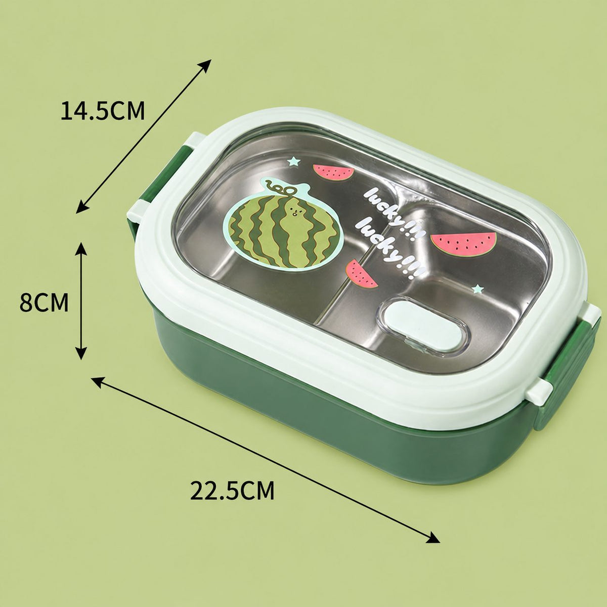 Caserola Lunch Box pentru Elevi si Studenti, Recipient Pranz cu Compartiment Interior din Inox, Exterior Plastic PP, 22.5 x 14.5 x 8 cm, Verde