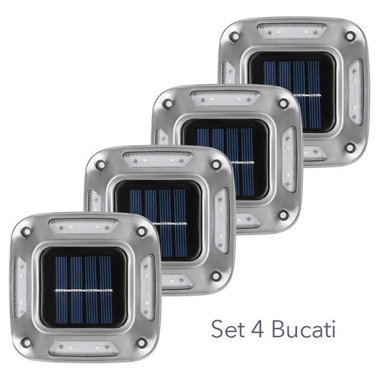 Lampa Solara LED pentru Gradina, Senzor de Miscare si Prindere Dubla Perete sau Sol, IP65, ABS si Policarbonat, 9 x 9 cm, Alb Rece, Gri, Set 4 Bucati