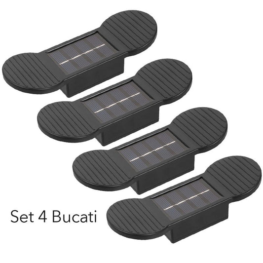 Aplica Solara LED de Perete si Scari, Senzor Lumina, Rezistenta la Apa IP65, ABS si Policarbonat, 16 x 5.9 x 3.3 cm, Lumina Alb Calda, Negru, Set 4 Bucati