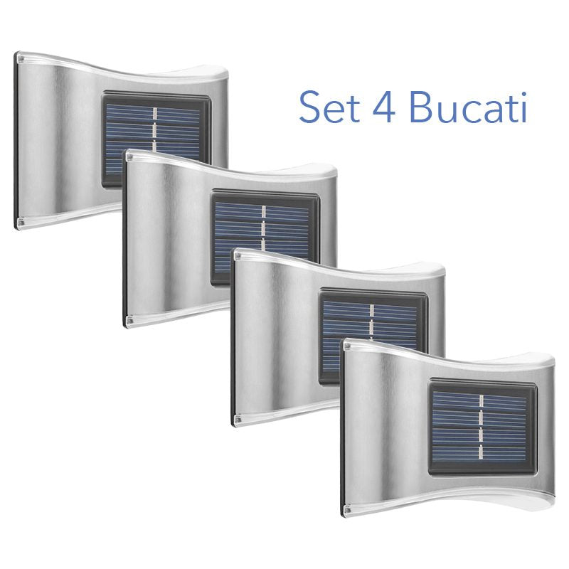Set 4 Aplici Solare LED pentru Gradina, Senzor de Lumina, Rezistenta IP65, 6 LED-uri, Carcasa ABS si Policarbonat, 10 x 6.5 cm, Lumina Alb Rece, Gri