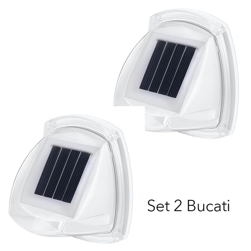 Lampa Solara LED pentru Gradina, Aplica de Perete cu Senzor de Lumina, Rezistenta la Apa IP65, ABS, 8.5 x 9 cm, 8 LED-uri Lumina Calda, Alb, Set 2 Bucati