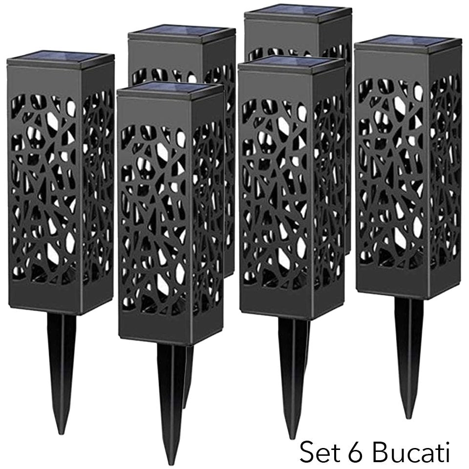 Lampa Solara LED pentru Gradina, Set 6 Bucati, Tip Felinar cu Protectie IP65 si Senzor Crepuscular, PVC Negru, Inaltime 30.2 cm, Lumina Alb Rece