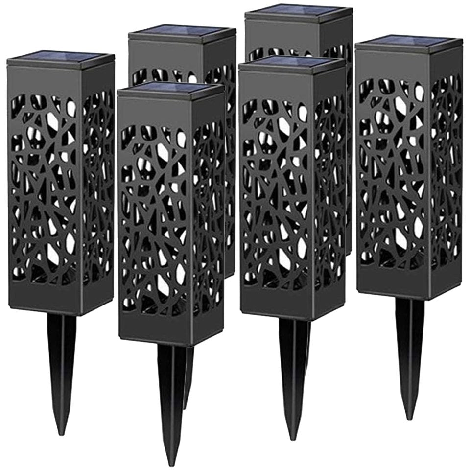 Lampa Solara LED pentru Gradina, Set 6 Bucati, Tip Felinar cu Protectie IP65 si Senzor Crepuscular, PVC Negru, Inaltime 30.2 cm, Lumina Alb Rece