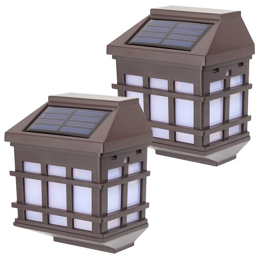 Lampa Solara LED Tip Felinar Pentru Perete, Exterior, Incarcare Fotovoltaica, Senzor De Lumina, ABS, Lumina Alb Cald, Maro, 11.5 x 8.3 cm, Set 2 Bucati