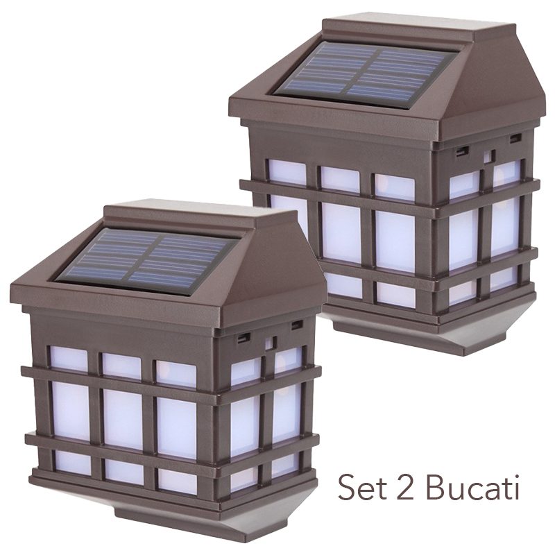 Lampa Solara LED Tip Felinar Pentru Perete, Senzor De Lumina, Exterior Si Gradina, ABS, Set 2 Bucati, 11.5 x 8.3 cm, 400mAh, Lumina Alb Rece, Maro