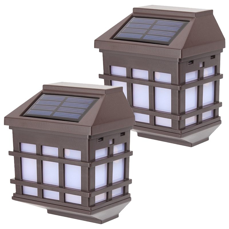 Lampa Solara LED Tip Felinar Pentru Perete, Senzor De Lumina, Exterior Si Gradina, ABS, Set 2 Bucati, 11.5 x 8.3 cm, 400mAh, Lumina Alb Rece, Maro