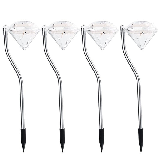 Lampa Solara LED pentru Gradina, Model Tip Diamant, Senzor Crepuscular, Inox si ABS, Inaltime 30 cm, Lumina Alb Rece, Argintiu, Set 4 Bucati
