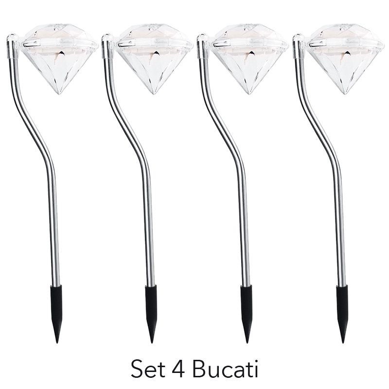 Set 4 Lampi Solare LED pentru Gradina, Lampa Decorativa Tip Diamant, Senzor Crepuscular, Material ABS, Lumina Alb Calda, 30 x 9 cm, Argintiu