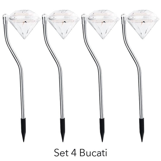 Lampa Solara LED pentru Gradina, Set 4 Bucati, Model Diamant, Senzor Crepuscular, Iluminat Decorativ Exterior, ABS si Inox, 30 x 9 cm, Lumina Multicolor, Argintiu