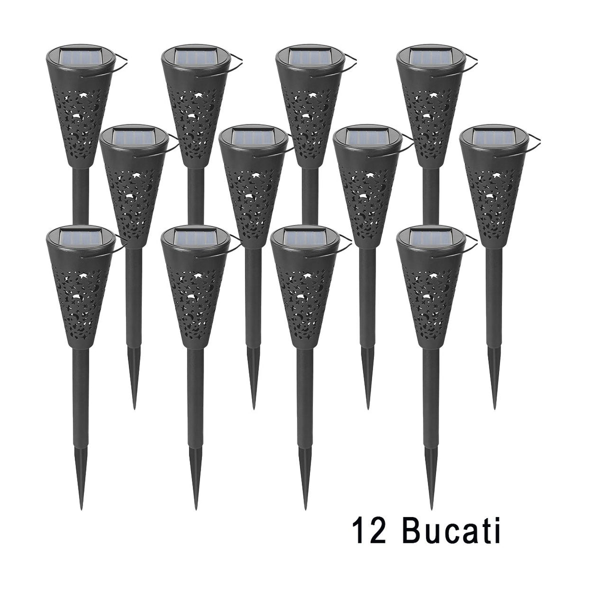 Set 12 Lampi Solare Pentru Gradina, Tip Torta, Protectie IP65 Impermeabil, Senzor Crepuscular Si Buton On-Off, Lumina Alba Calda, ABS, Negru, 36 x 6.8 cm