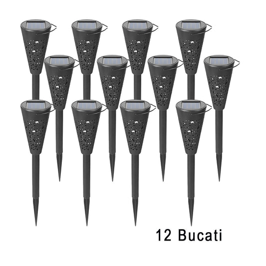 Set 12 Lampi Solare Pentru Gradina, Tip Torta, Protectie IP65 Impermeabil, Senzor Crepuscular Si Buton On-Off, Lumina Alba Calda, ABS, Negru, 36 x 6.8 cm