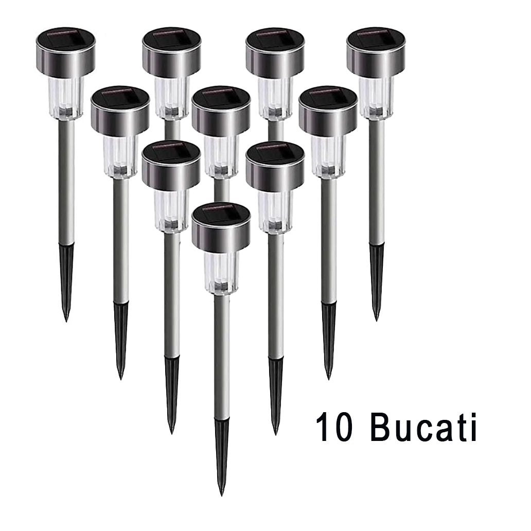 Set 10 Lampi Solare LED pentru Gradina, Rezistente la Intemperii IP44, Lumina Alb Rece 6500K, Autonomie 6 Ore, Plastic ABS, 5.5 x 36.5 cm, Argintiu