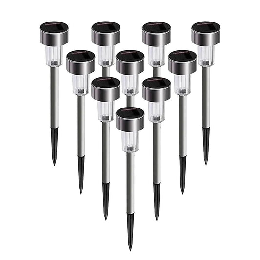 Set 10 Lampi Solare LED pentru Gradina, Senzor Crepuscular si Buton On-Off, Protectie IP44, Plastic ABS, 5.5 x 36.5 cm, Lumina Multicolor, Argintiu
