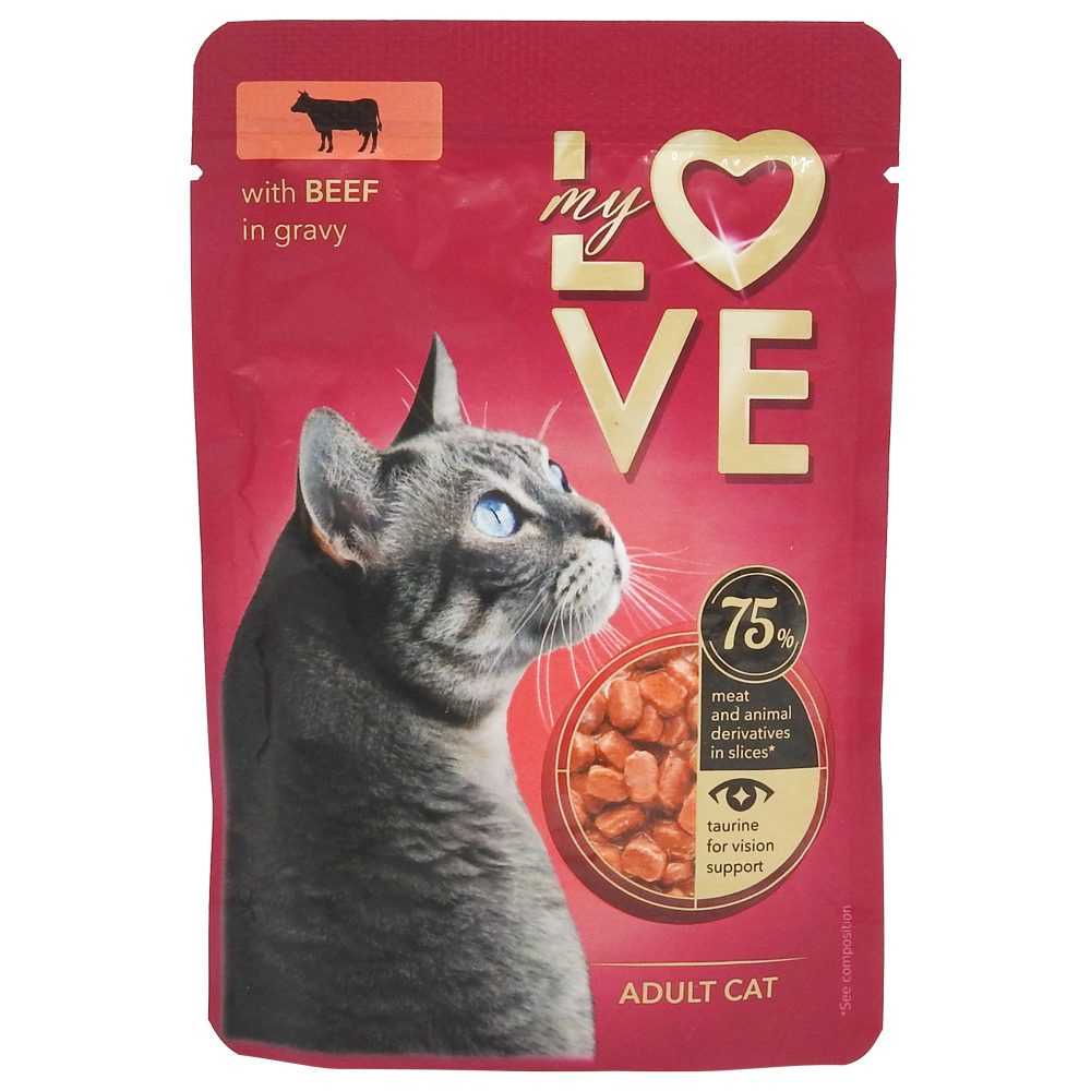 Hrană Umedă Pisici My Love, Bucățele de Vită în Sos, Plic 85 g
