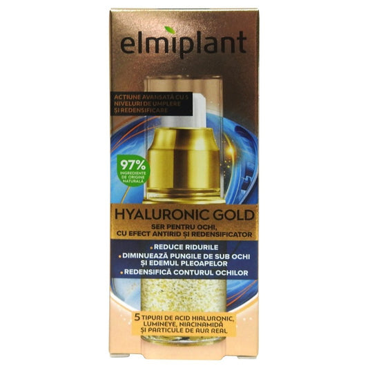 Elmiplant Ser Pentru Ochi Hyaluronic Gold, Efect Antirid si Lifting, Acid Hialuronic si Aur Coloidal, Regenerare Intensa, 15 ml