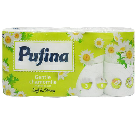 Pufina Hartie Igienica cu Parfum de Musetel, 3 Straturi, Textura Catifelata, Celuloza 100%, 8 Role