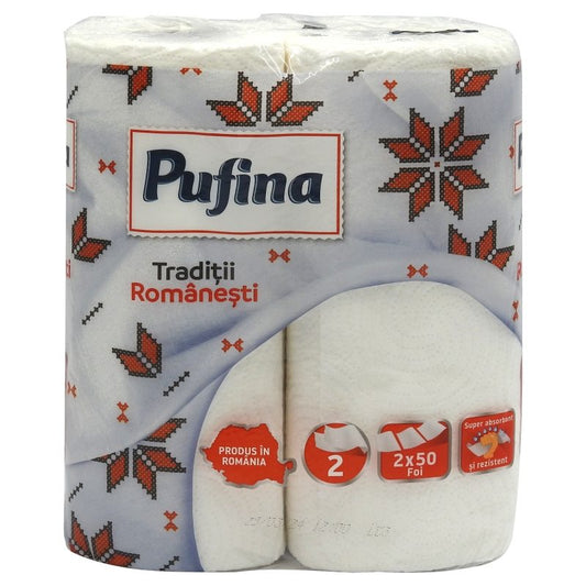 Pufina Prosop de Bucatarie Hartie, Absorbant cu Model Traditii Romanesti, 2 Straturi, 2 Role