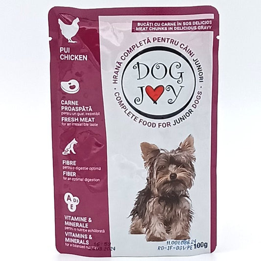 Dog Joy Hrană Umedă pentru Căței Junior, Plic cu Carne de Pui în Sos, Textură Fragedă, 100 g