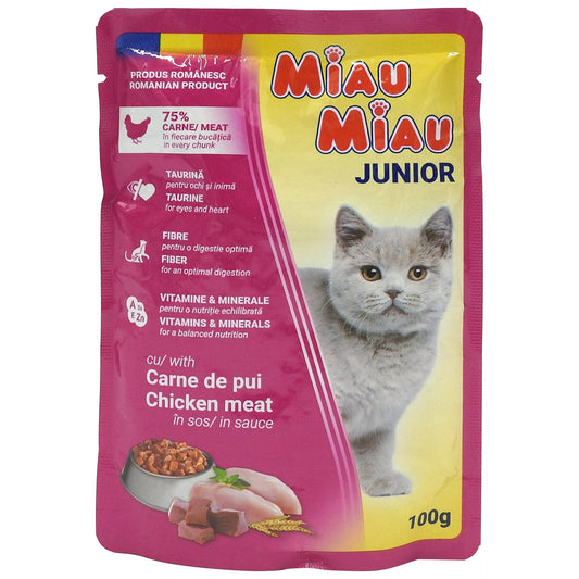 Miau Miau Hrana Umeda pentru Pisici Junior, Plic cu Bucatele de Carne in Sos, 100 g