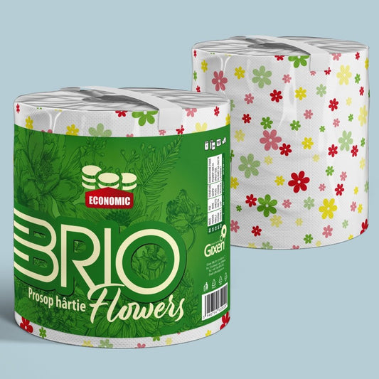 Brio Prosop Bucătărie din Hârtie, Rulou Jumbo Absorbant, 2 Straturi, Model Imprimat Flower, 400 g