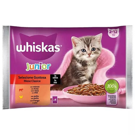 Whiskas Junior, Hrana Umeda pentru Pisici, Selectie de Pui si Vita in Sos, Plic, 4 x 85 g